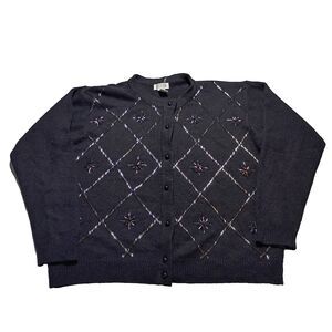 Vintage Selleca Black Beaded Cardigan Women's L Wool Angora Dressy Sweater